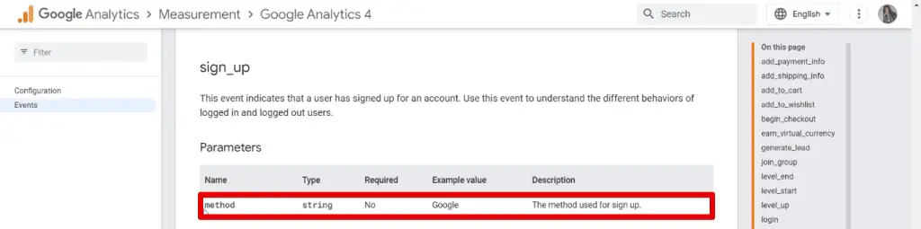 Recommended parameters for the sign-up event
