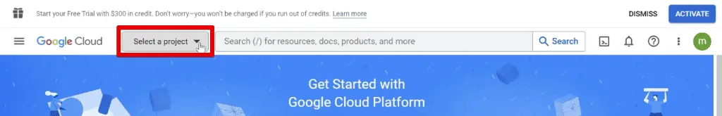 Selecting a project in Google Cloud