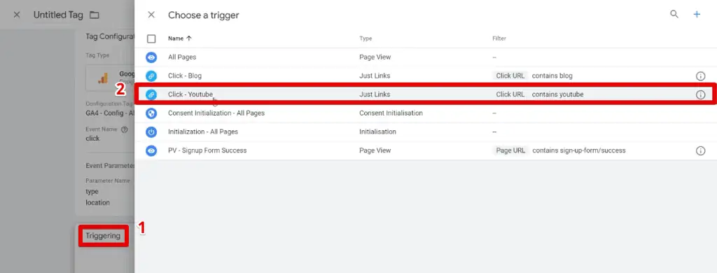 Selecting the youtube click trigger