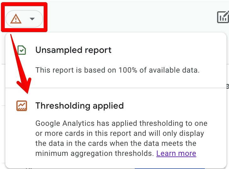 Thresholding applied with an orange triangle icon in GA4
