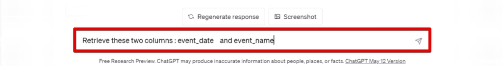 Using ChatGPT to retrieve the event_date and event_name columns