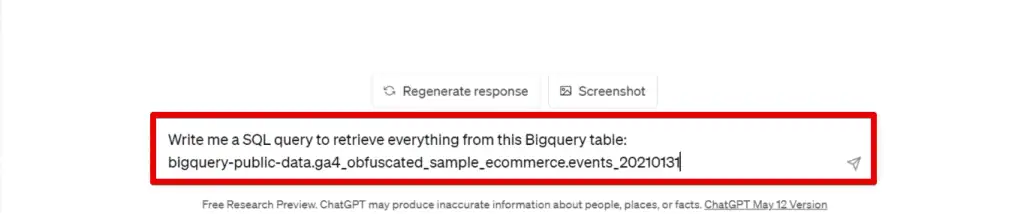Using ChatGPT to write an SQL query to retrieve all data