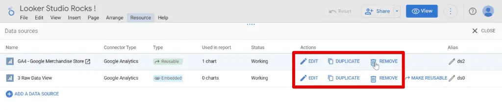 Actions for the data sources