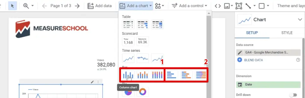 Adding column and bar charts in Looker Studio