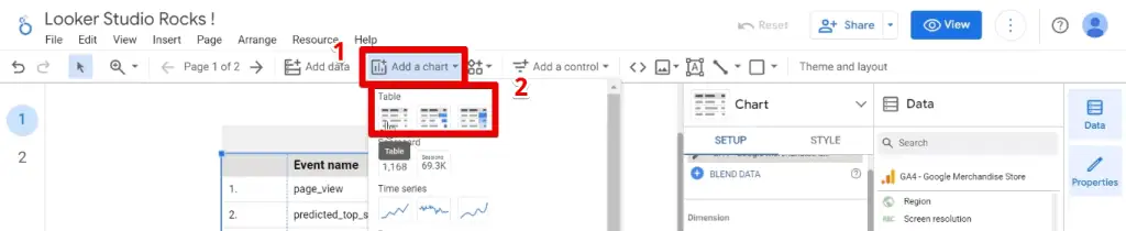 Adding table charts in Looker Studio