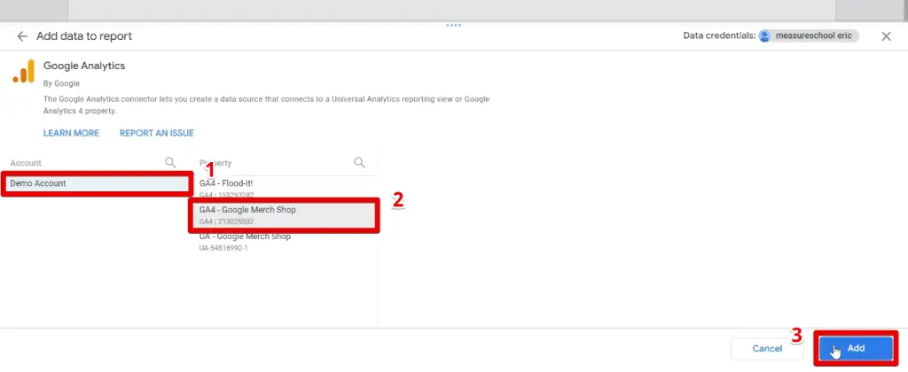 Adding the GA4 property to the report