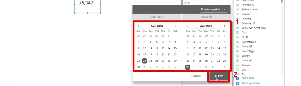 Applying the selected previous period date range
