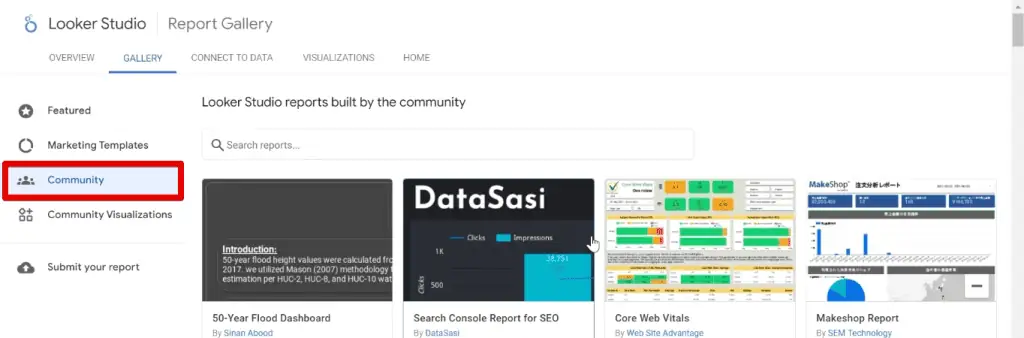 Browsing templates created by the Looker Studio Community