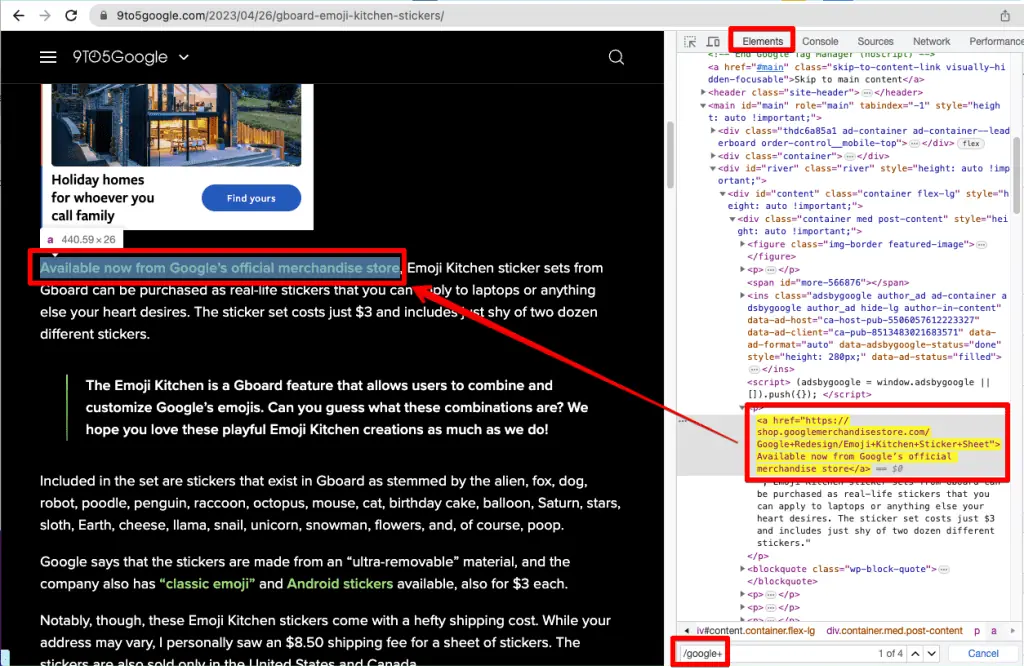 Chrome’s Inspect element to search outbound link