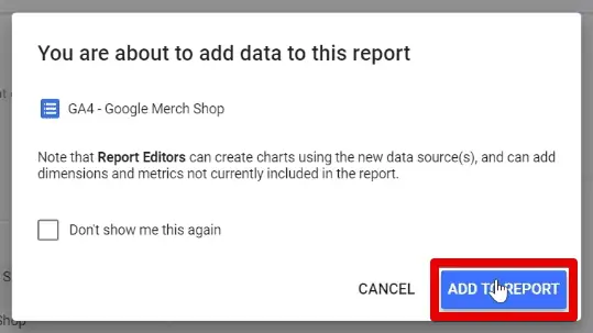 Confirming the addition of the GA4 property to the report