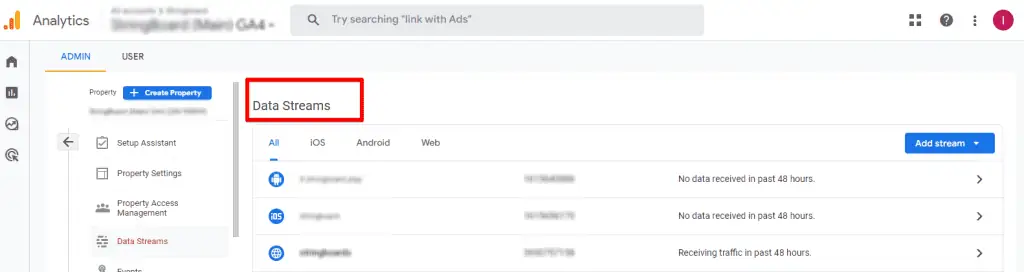 Connected Data Streams within GA4: Android, iOS apps and website