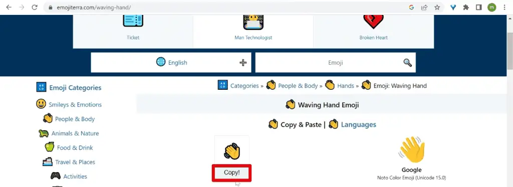 Copying the waving hand emoji from EmojiTerra
