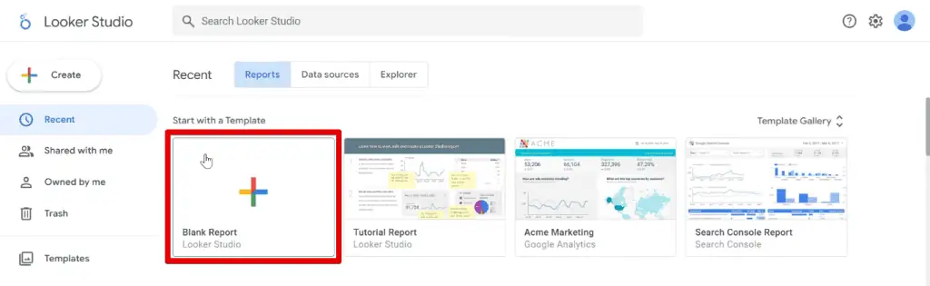 Creating a blank report from the Looker Studio homepage