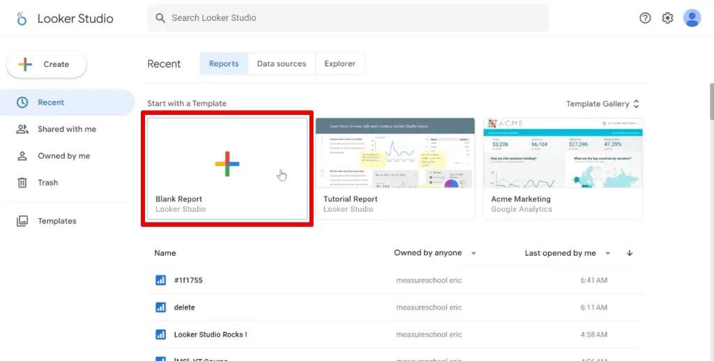 Creating a blank report in Looker Studio
