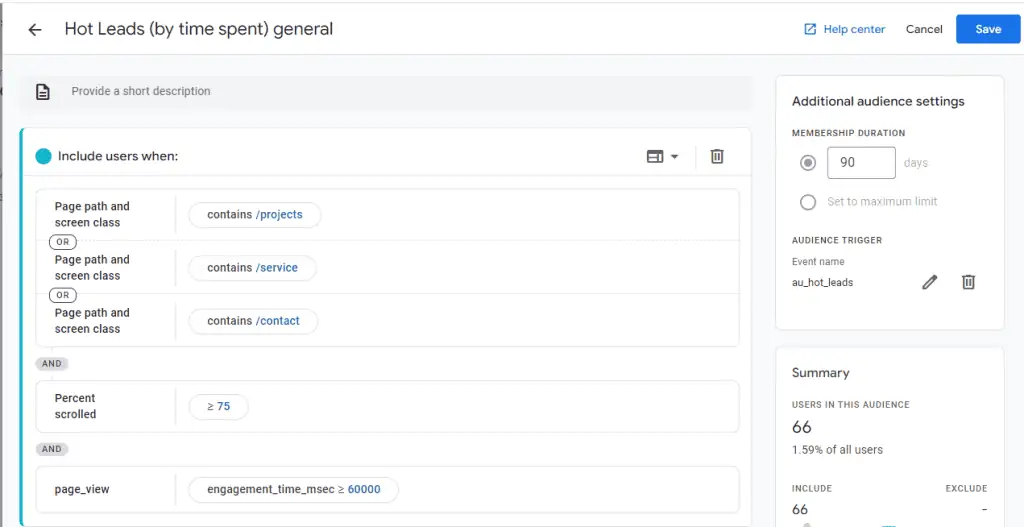 Creating a custom audience in GA4