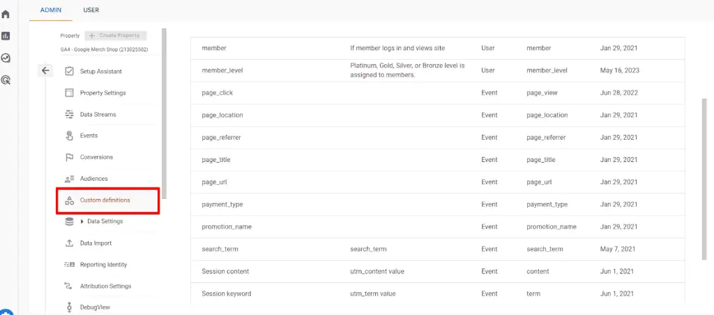 Custom definitions settings