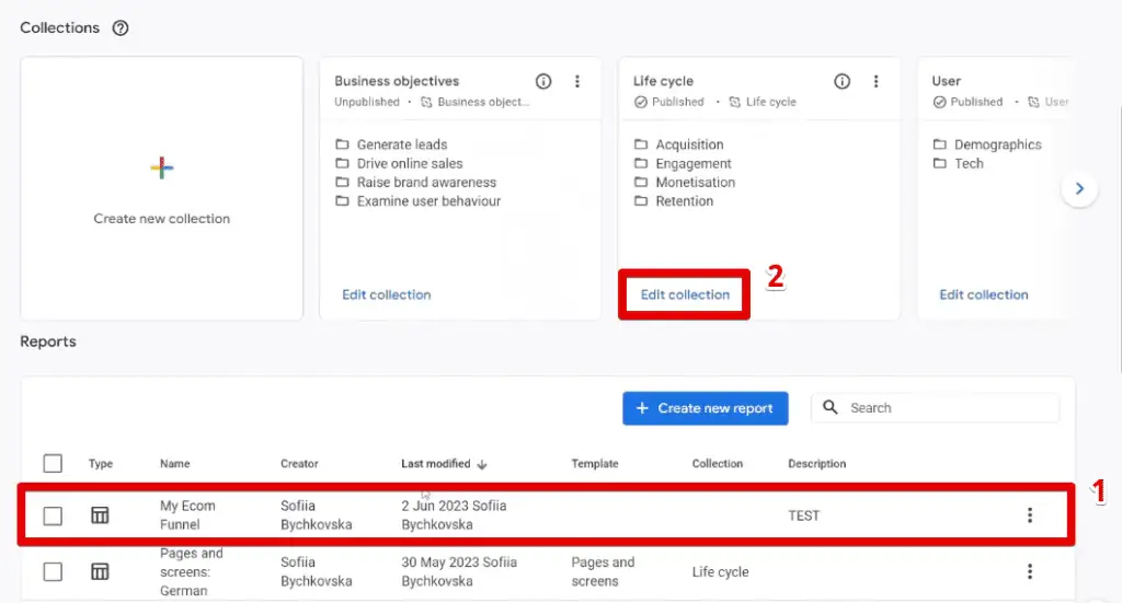 Custom funnel in the reports library and editing the life cycle collection
