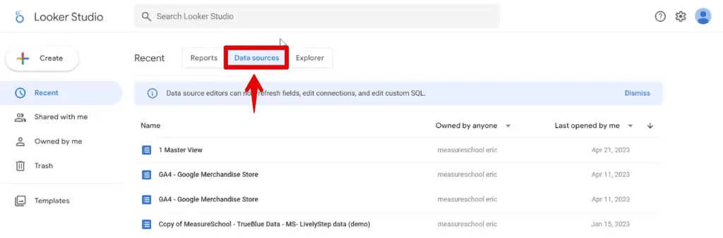 Data Sources tab on the Looker Studio homepage