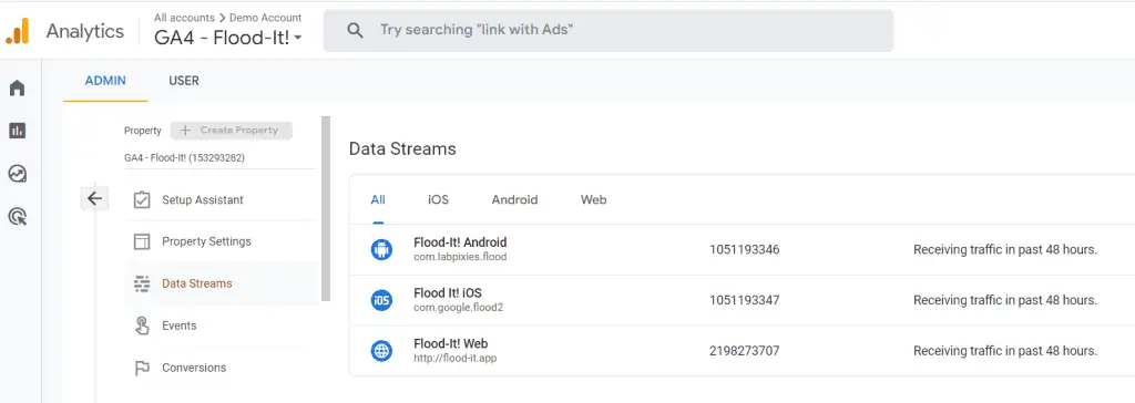Data streams in Google Analytics demo account