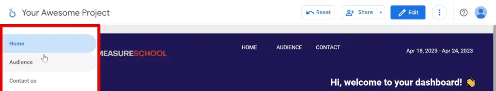 Default page navigation menu in Looker Studio