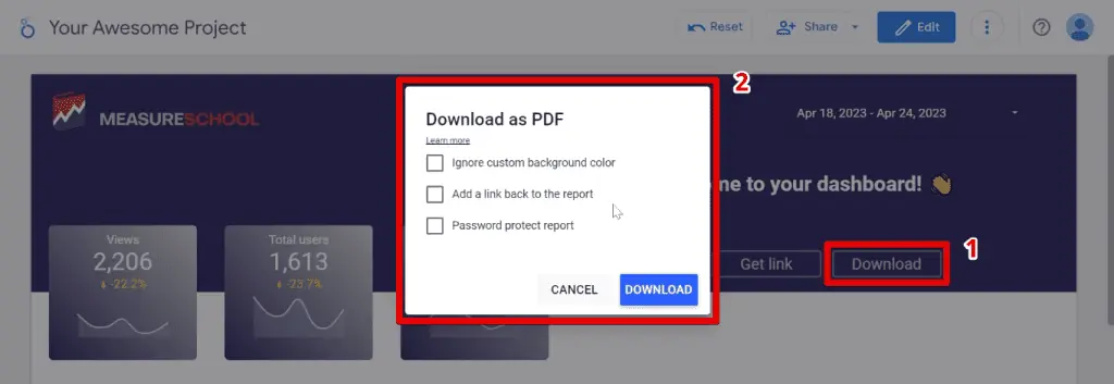 Downloading a PDF of the dashboard