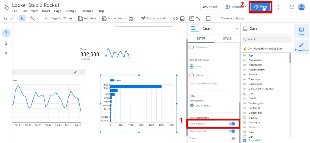 Enabling the cross-filtering option for the bar chart
