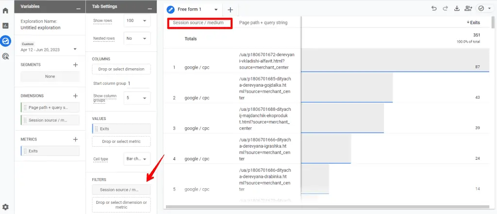 Filtering by additional dimension as session source/medium