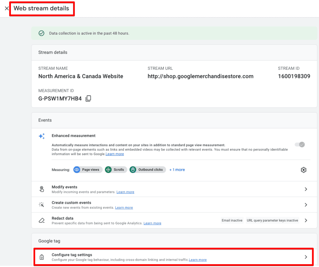 GA4 web stream details with configured tag settings