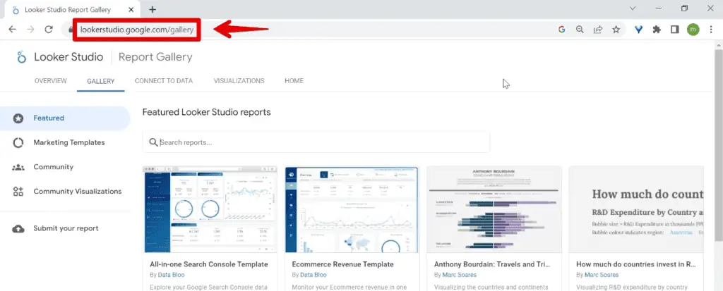 Going to the Looker Studio report gallery