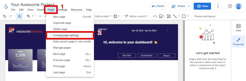 Going to the current page settings