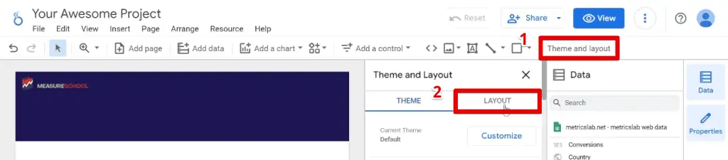 Going to the layout settings