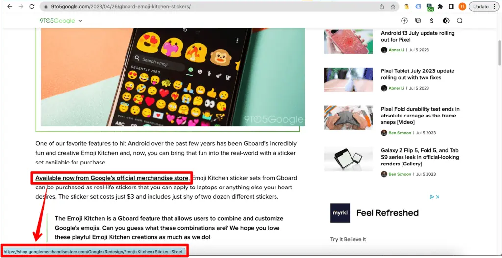 Hover over anchor text shows the URL