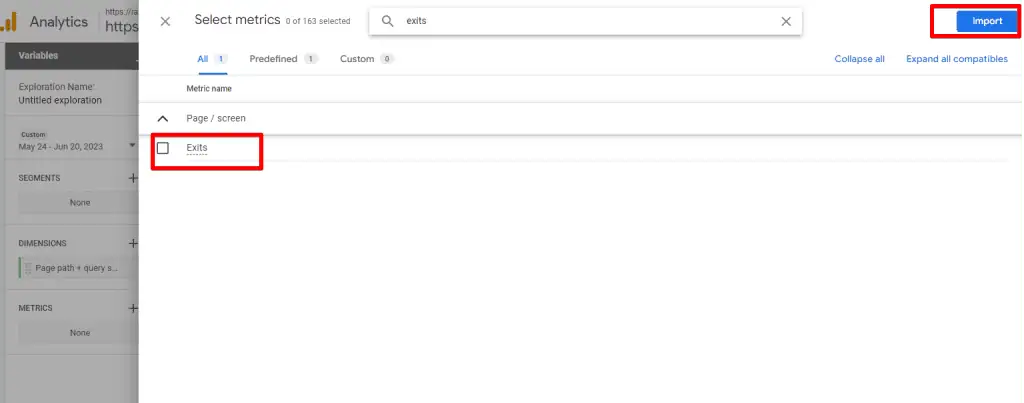 Importing Exits metric to the report