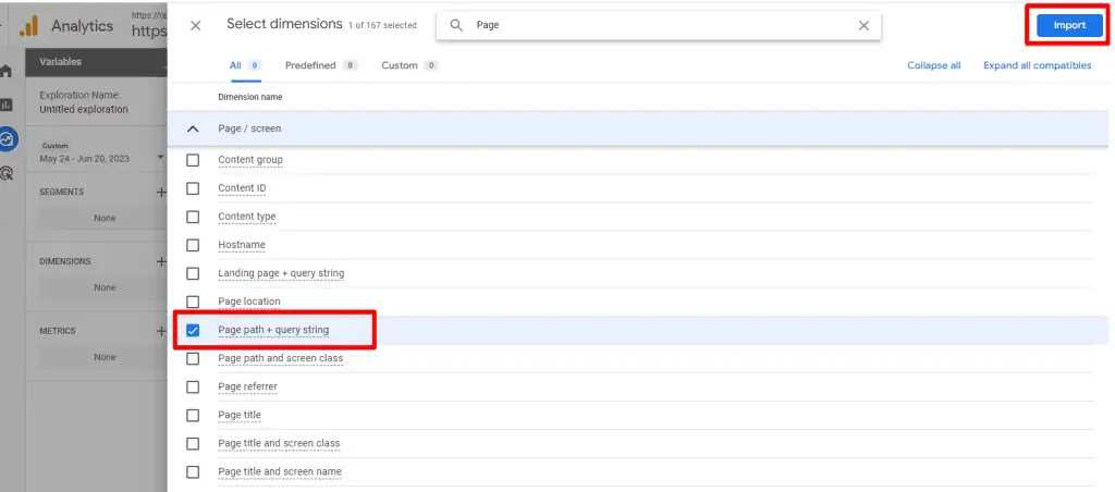 Importing Page path + query string dimension to the report