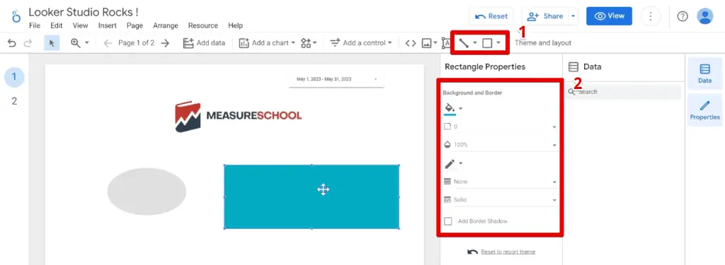 Inserting lines and shapes to the report and settings in the properties panel