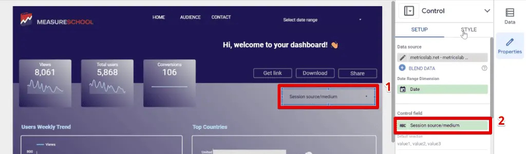 Inserting the session source/medium filter control