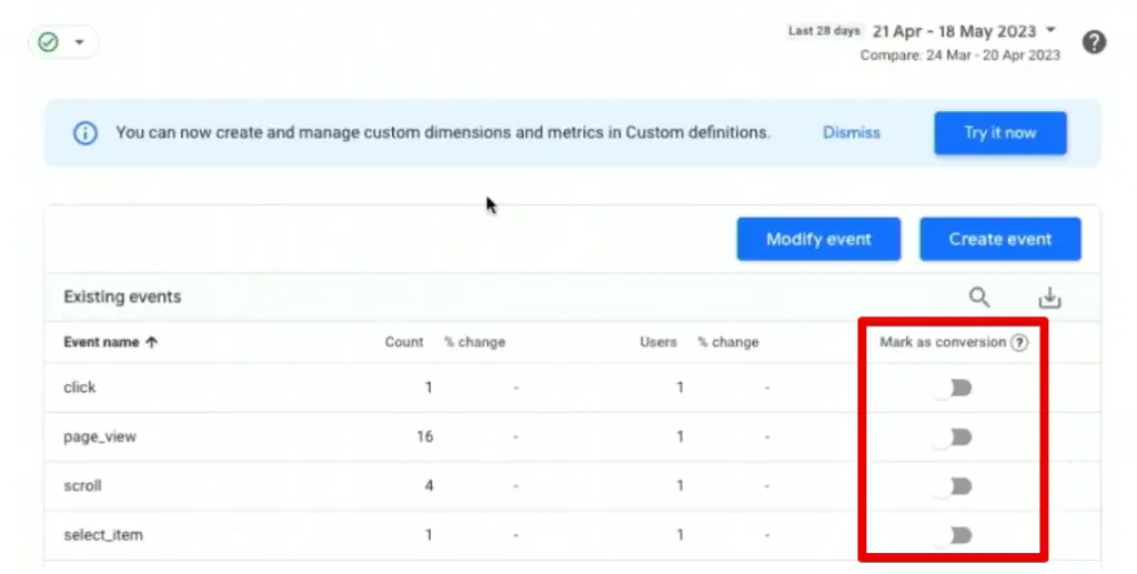 Marking events as a conversion