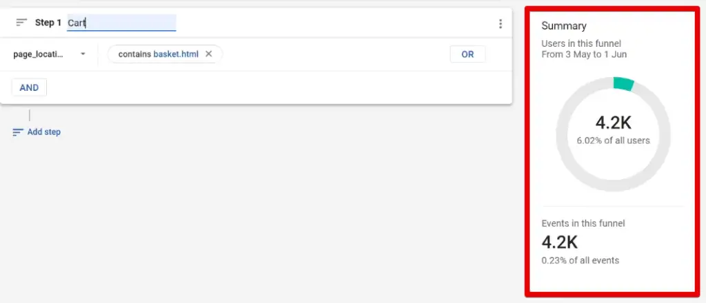Number of users and events for the first funnel step