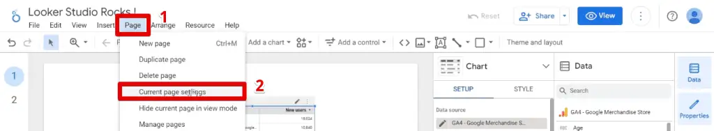 Opening the current page settings