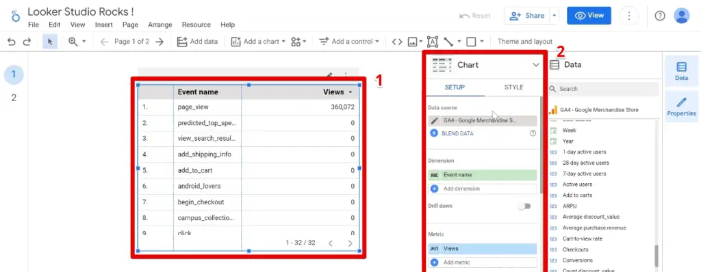 Opening the properties panel by selecting the chart