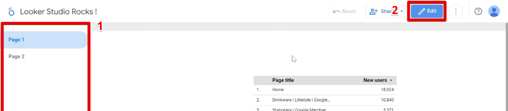 Page navigator in the view mode and returning to the report editor