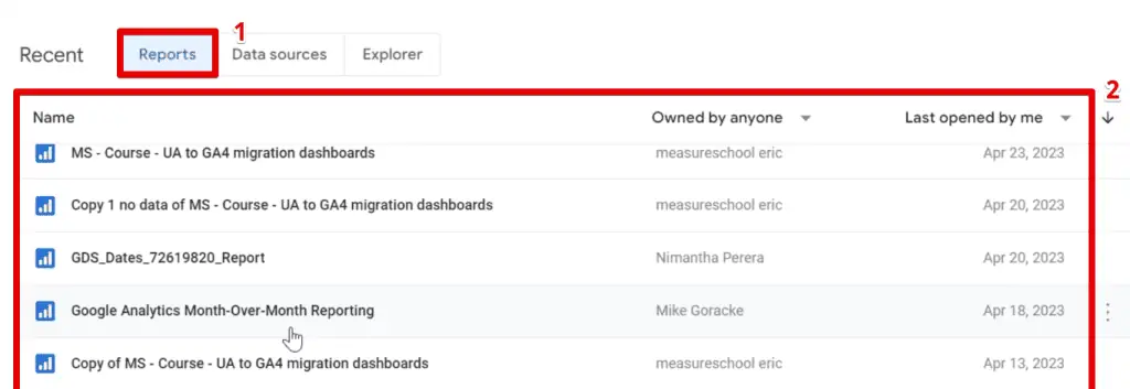 Reports tab on the Looker Studio homepage