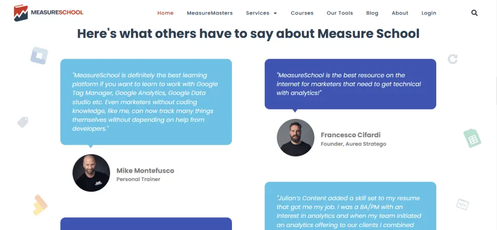 Sample testimonials for MeasureSchool