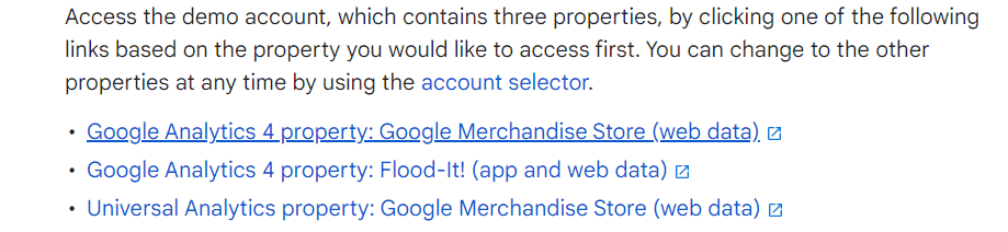 Selecting a demo account in the GA4 documentation