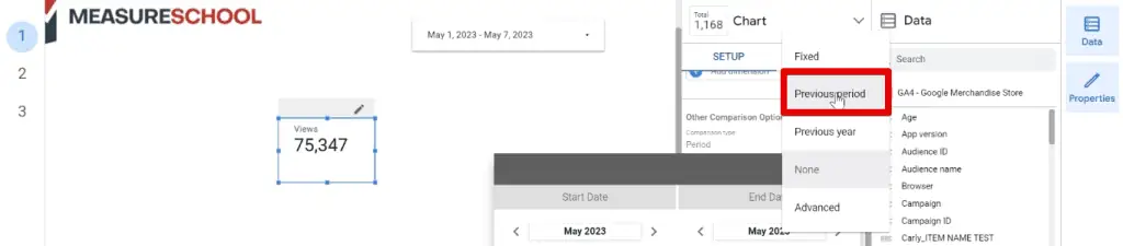 Selecting the previous period comparison date range