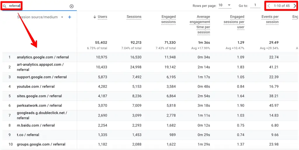 Source/medium table filtered for ‘referral’ traffic in GA4