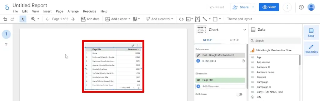 Table created upon connecting to a data source