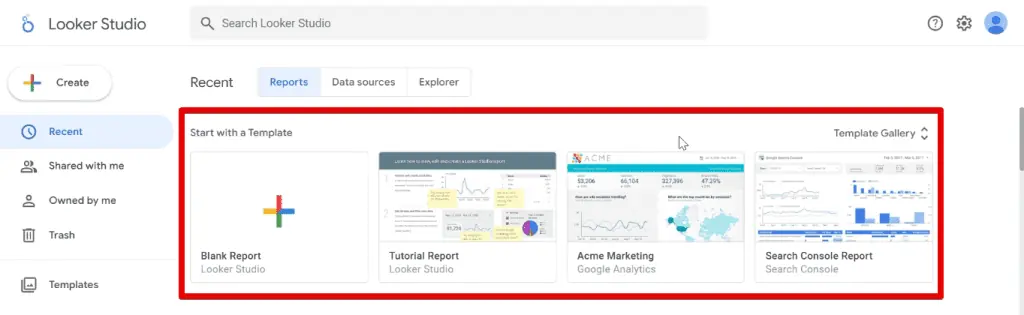 Template Gallery on the Looker Studio homepage