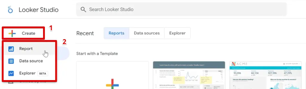The Create button on the Looker Studio homepage