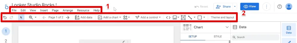 The menu bar and toolbar on the Looker Studio report editor